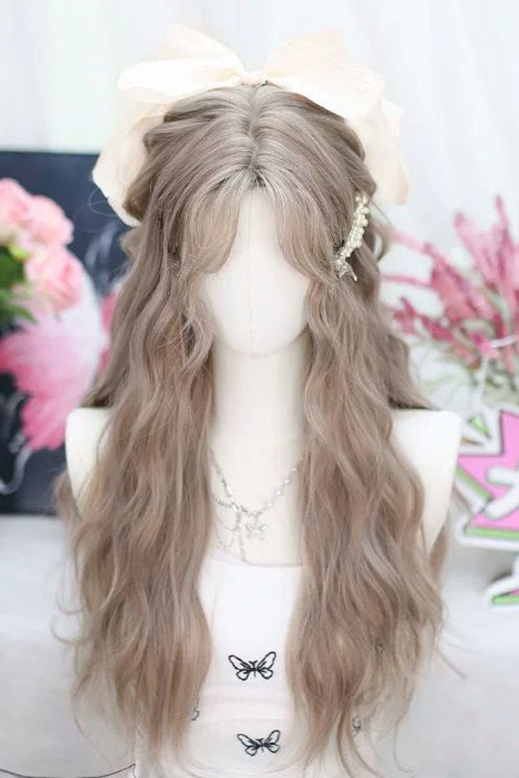 Beige Brown Sweet Lolita Long Wavy Wig with Curved Bangs - Beige-Brown - 1