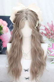 Beige Brown Sweet Lolita Long Wavy Wig with Curved Bangs front view