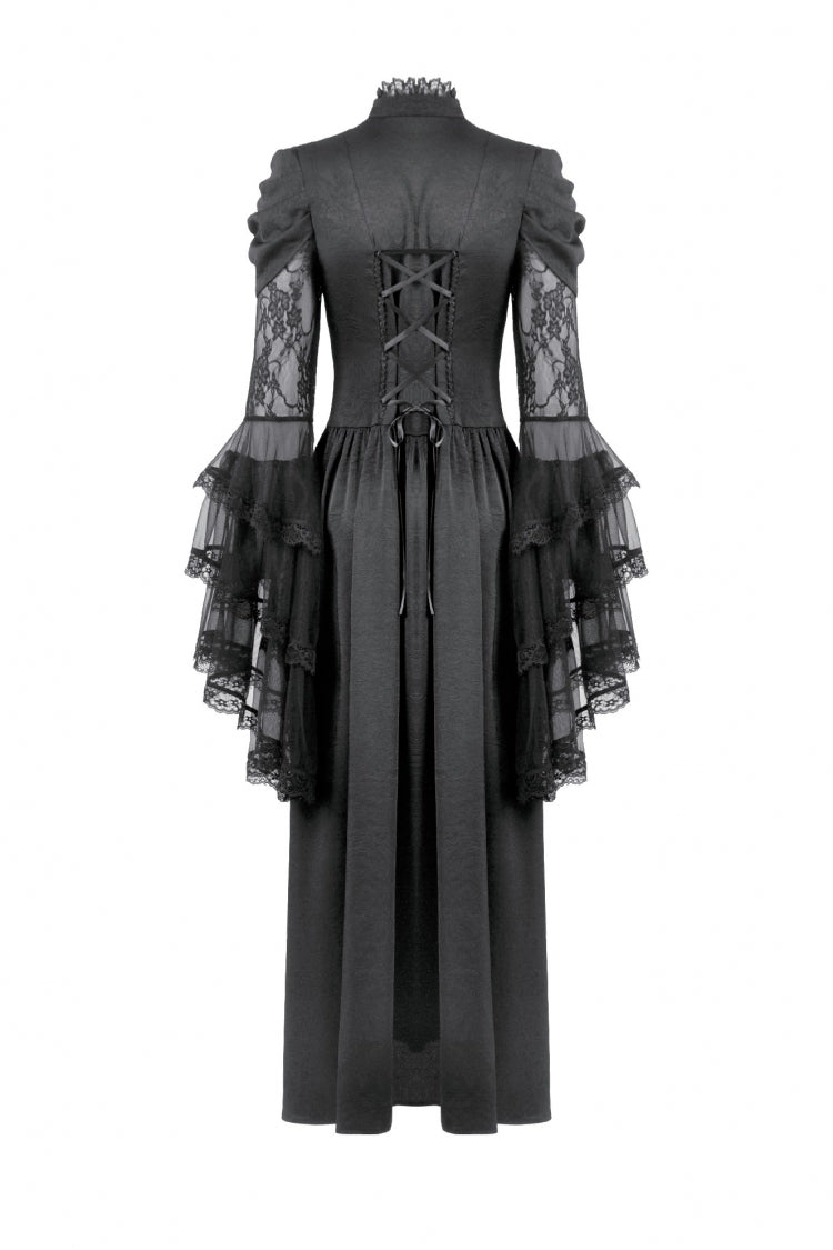 Black Stand Collar Trumpet Sleeves Multi-Layered Ruffled Lace Lace-Up Women's Gothic Wedding Dress - Product - 11