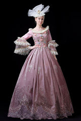 Pink Multi-Layer Trumpet Sleeves High Waisted Three Dimensional Flower Hollow Embroidery Print Victorian Lolita Prom Dress - Product - 3