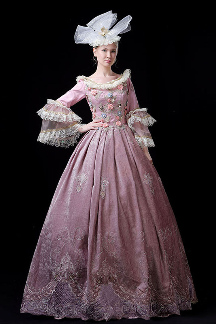Pink Multi-Layer Trumpet Sleeves High Waisted Three Dimensional Flower Hollow Embroidery Print Victorian Lolita Prom Dress - Product - 3