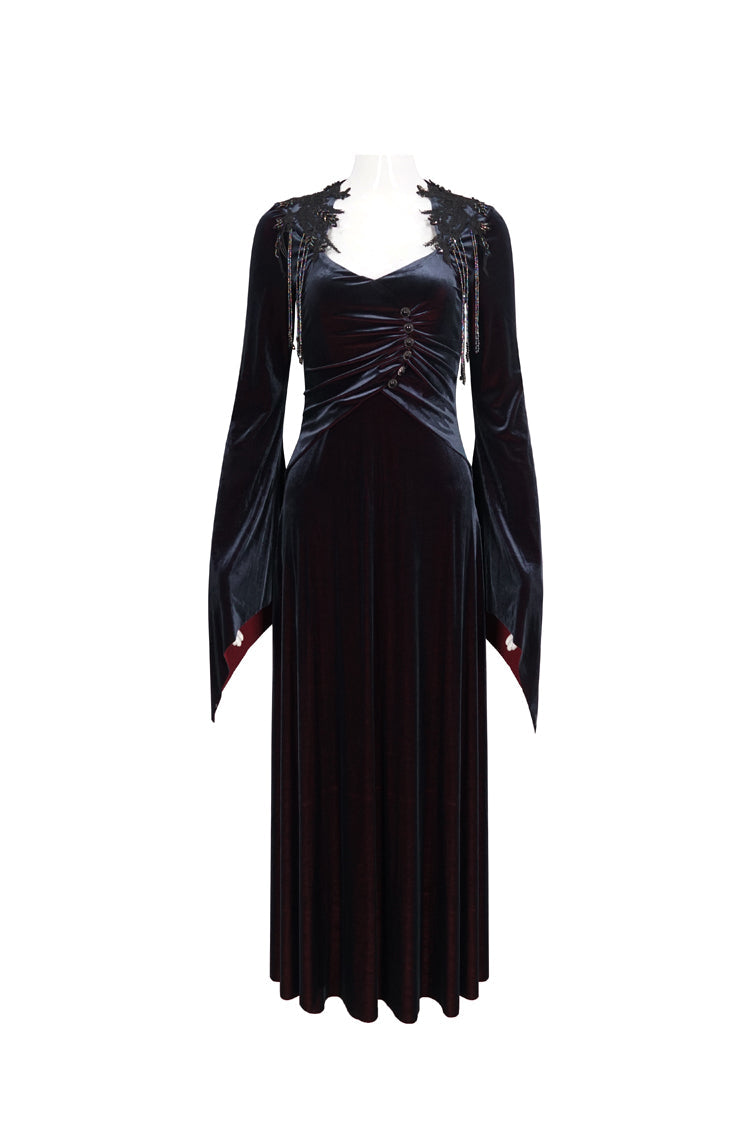 Black/Red Embroidered Fringe Flared Sleeve Long Women's Gothic Dress - Product - 5