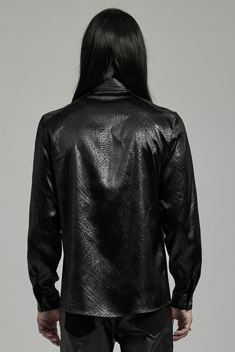 Black Lapel Collar Long Sleeves Faux Leather Men's Gothic Blouse - Product - 3