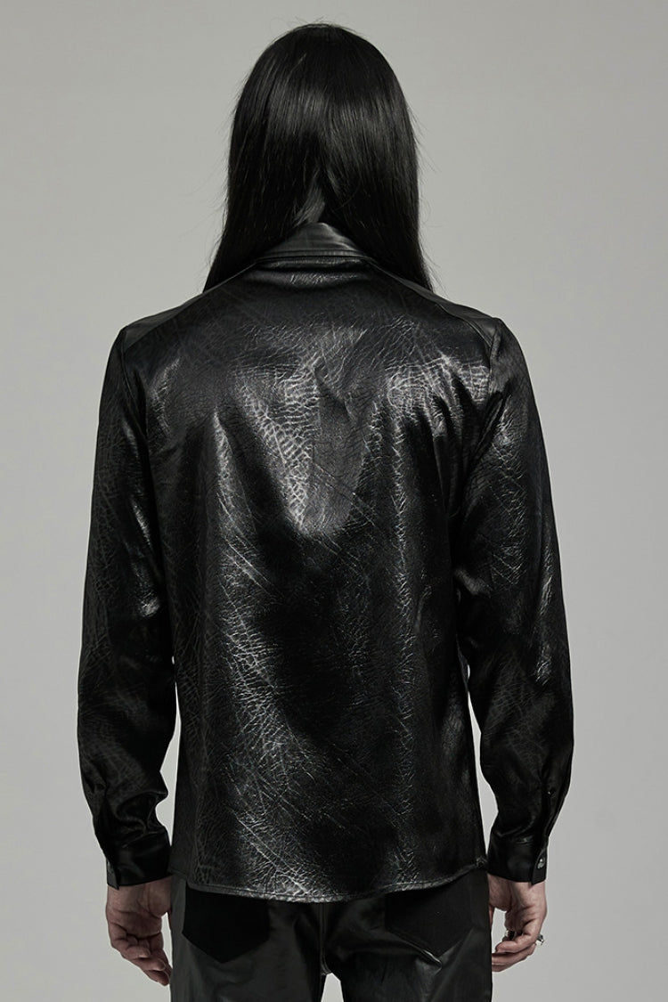 Black Lapel Collar Long Sleeves Faux Leather Men's Gothic Blouse - Product - 3