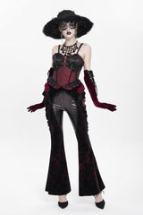 Black/Red  Ruffled Spliced Women's Gothic Floral Faux Leather&Velvet Ruffle Pants - Product - 5