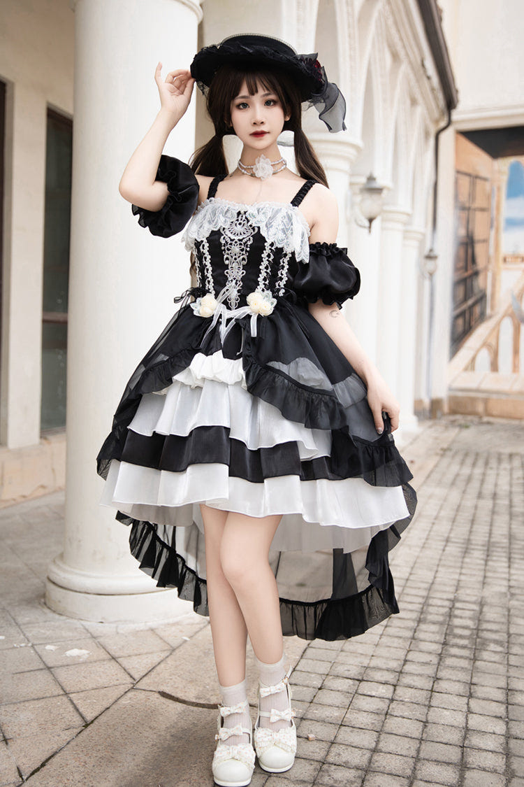 Black/White [Rose Of The Night Sea And Starry Sky] Off Shoulder Multi-Layered Ruffle Embroidery Sweet Lolita Dress - Product - 2