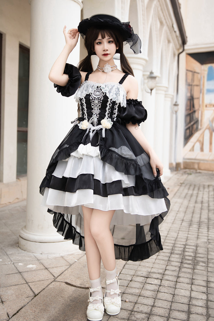 Black/White [Rose Of The Night Sea And Starry Sky] Off Shoulder Multi-Layered Ruffle Embroidery Sweet Lolita Dress - Product - 2