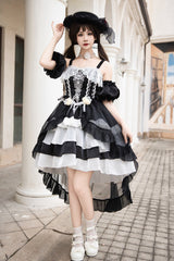 Black/White [Rose Of The Night Sea And Starry Sky] Off Shoulder Multi-Layered Ruffle Embroidery Sweet Lolita Dress - Product - 2