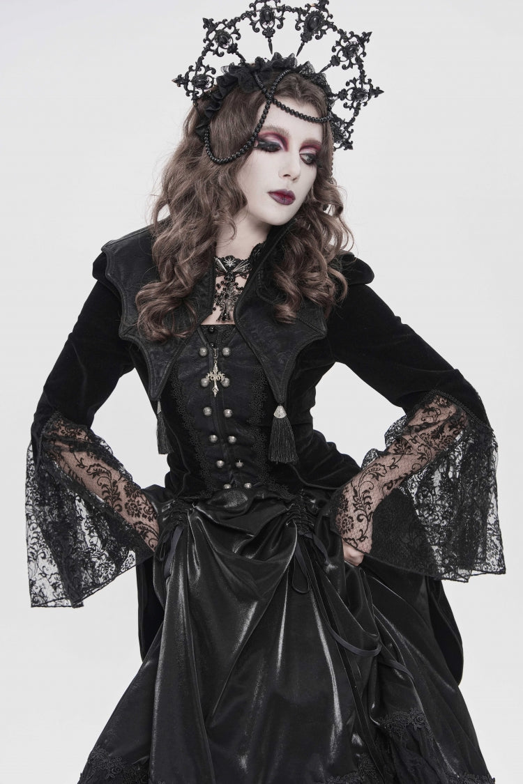Black Long Trumpet Sleeves Embroidered Lace Slim Zippered Women's Gothic Bat Wing Collar Double-breasted Zip Jacket - Product - 8
