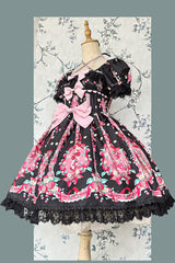 [Strawberry Chef] Short Sleeves Print Bowknot Lace Sweet Lolita Dress 4 Colors - Product - 10