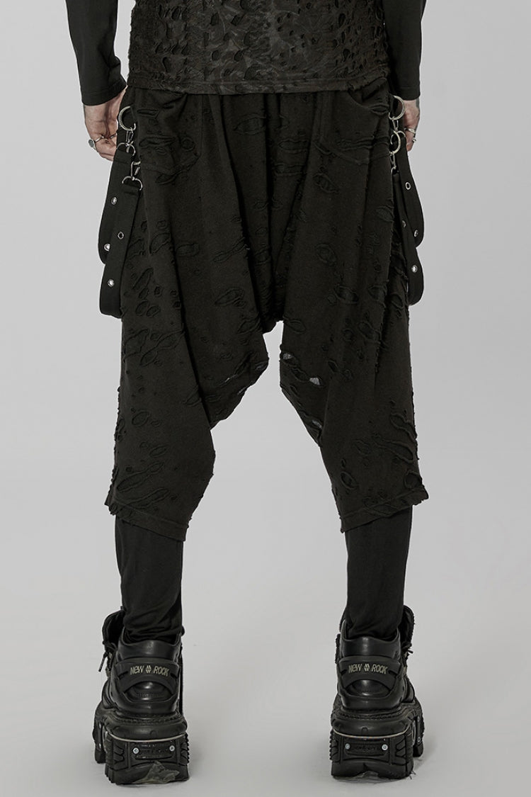 Black Ripped Men's Punk Sagging Pants with Straps - Product - 3