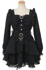 Sweet Jirai Kei Square Collar Short Sleeves Ruffle Bowknot Lace Japanese Dress Set 3 Colors - Black(Long-Sleeves) - 15
