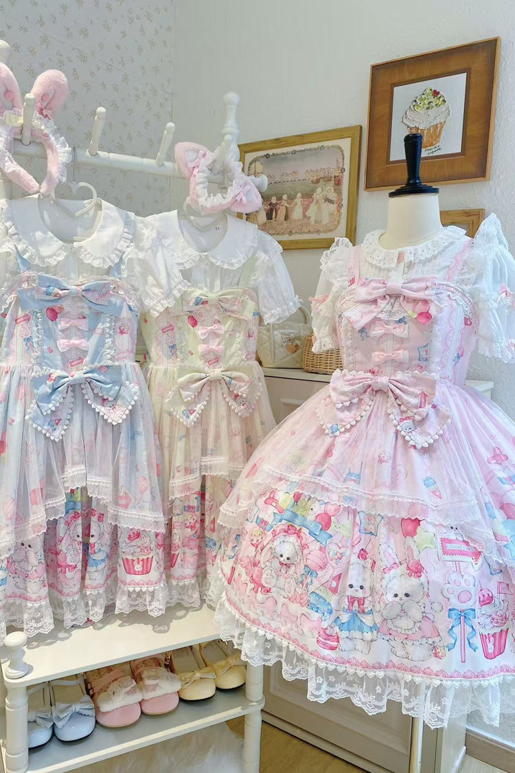Yellow [Cute Rabbit Sweet Cake] Print Ruffle Bowknot Lace Sweet Lolita Jsk Dress - Product - 10