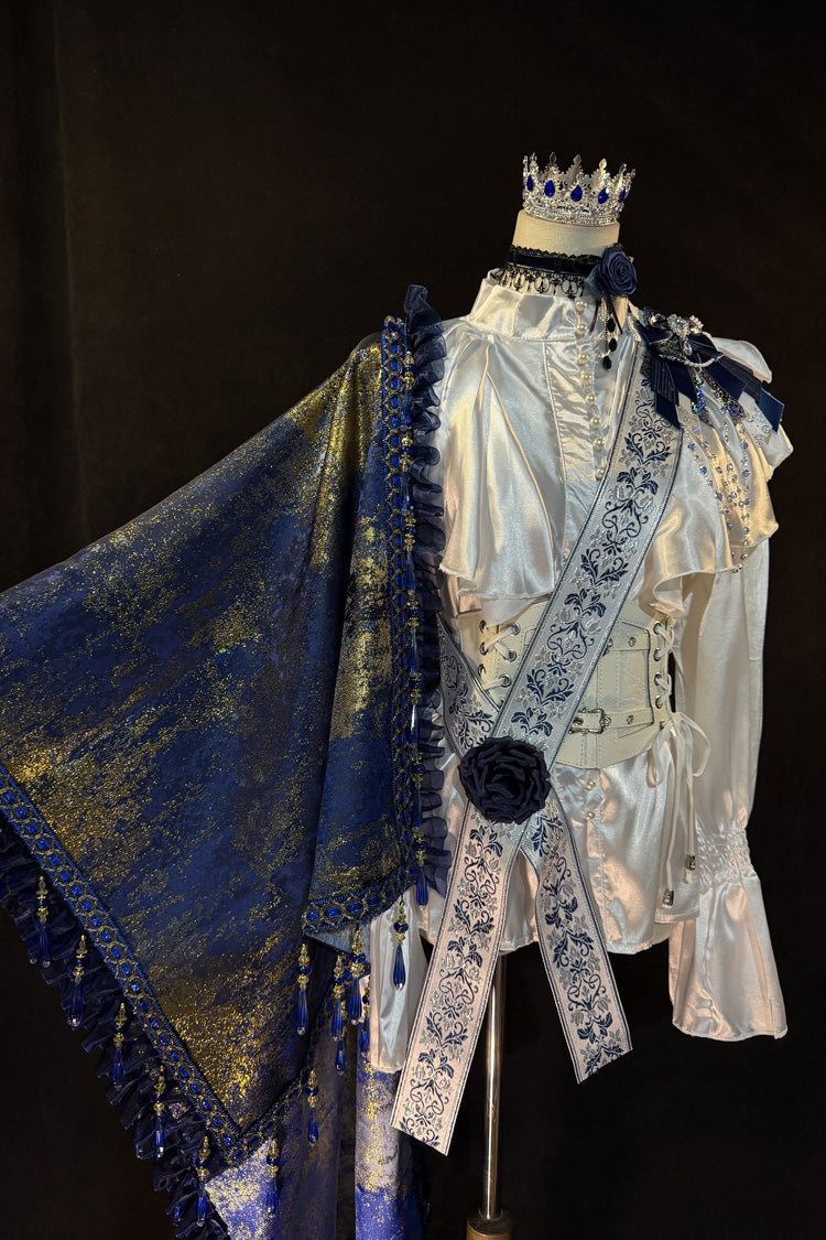 White/Blue [Royal Knight] Stand Collar Long Sleeves Gothic Vintage Cool Lolita Set - Product - 9
