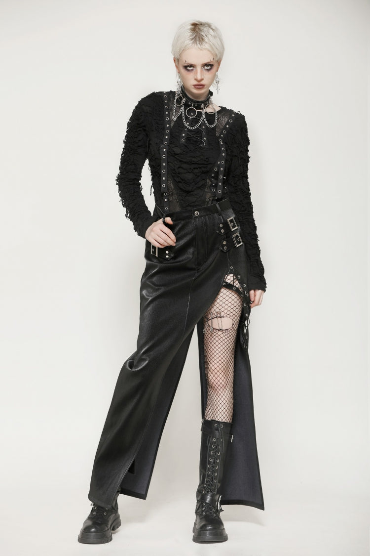 Black Leather Women's Punk Buckled Side Slit Irregular Hem Skirt - Product - 7