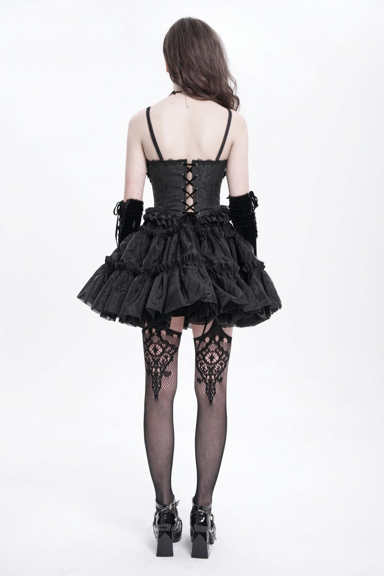 Black Sleeveless Ruffle Embroidery Lace-Up Women's Gothic Tank Top - Product - 12