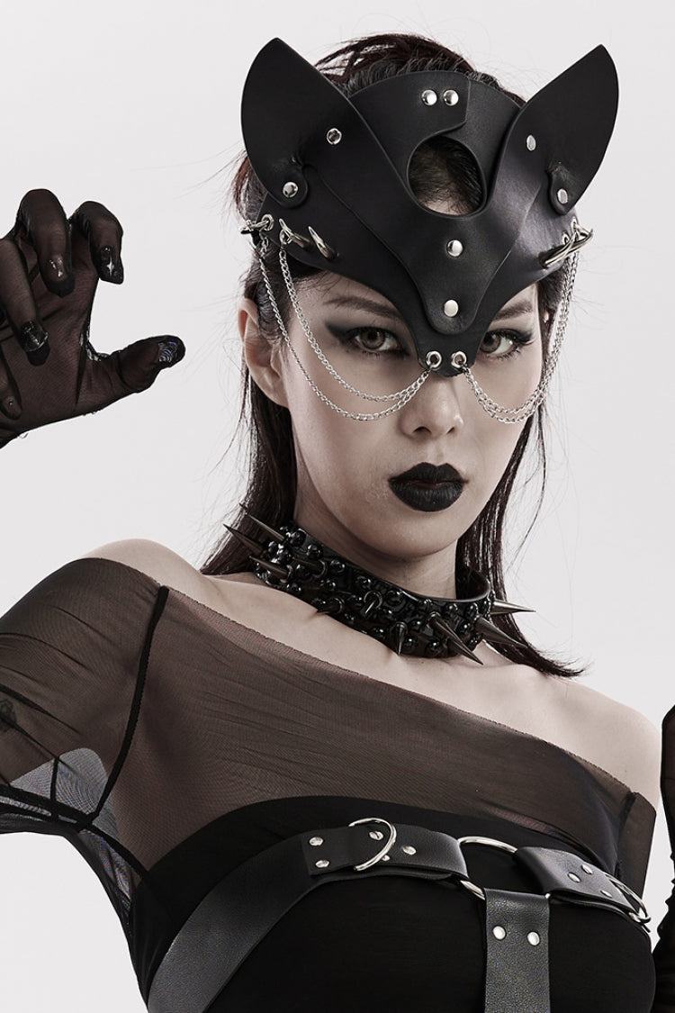 Black Metal Chain Fox Faux Leather Women's Steampunk Mask - Product - 3