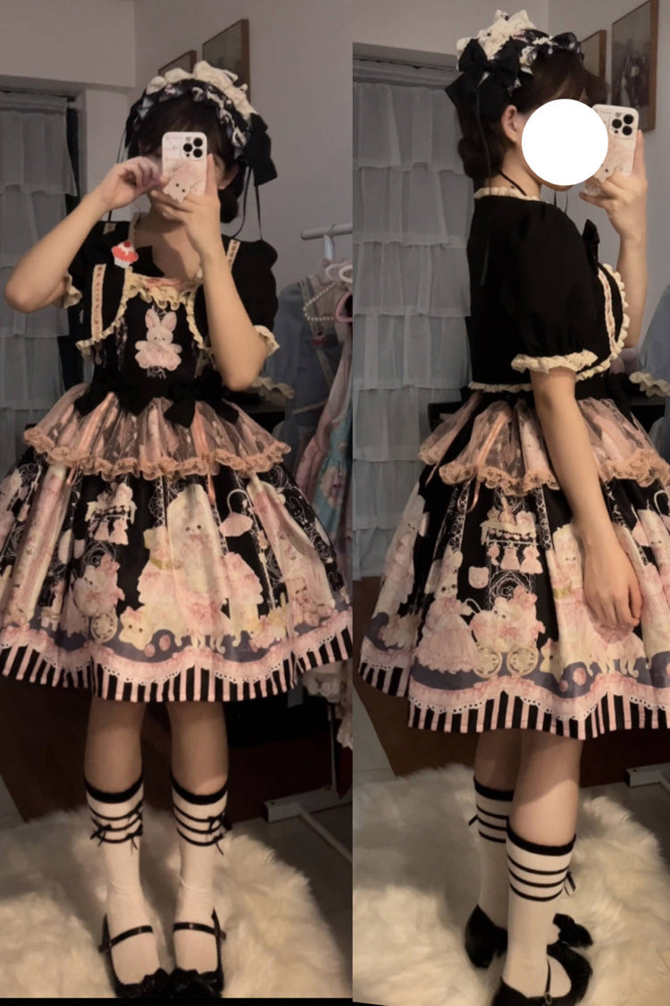 Rabbit Bear Wardrobe Print Ruffle Bowknot Sweet Lolita Dress 3 Colors - Product - 11