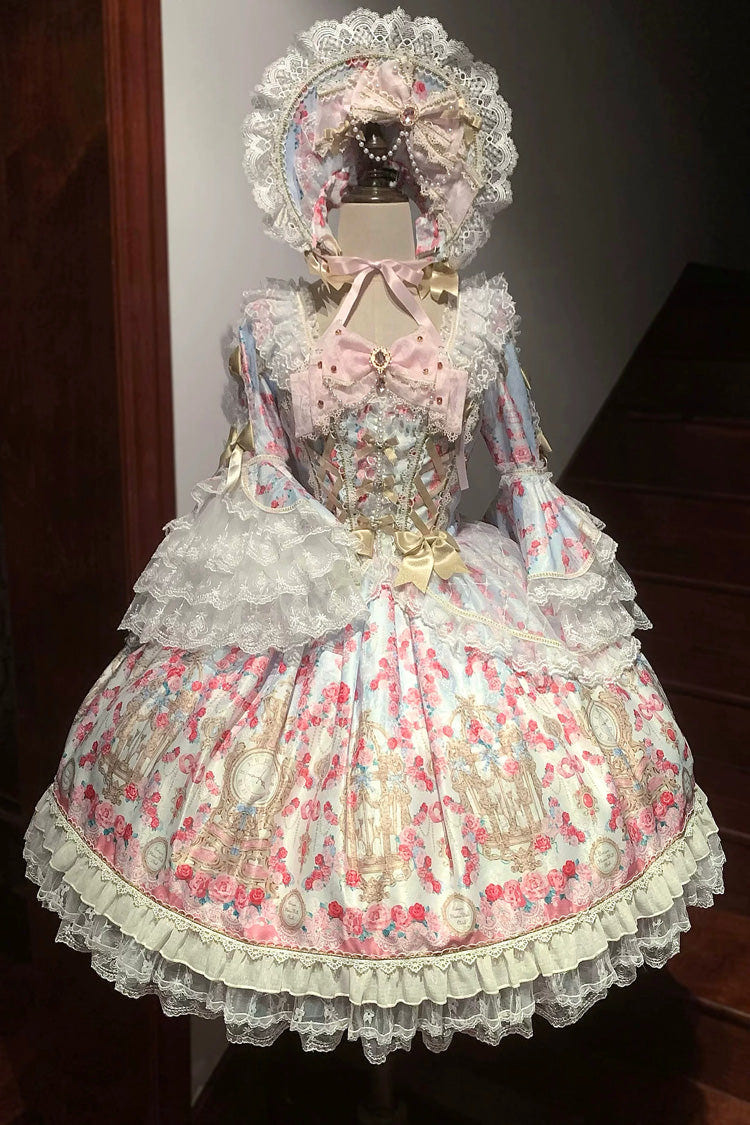 Blue/Pink [Rose Garden Prelude] Square Collar Long Trumpet Sleeves Printed Ruffled Bow Lace Lace-Up Sweet Lolita Dress - Product - 3