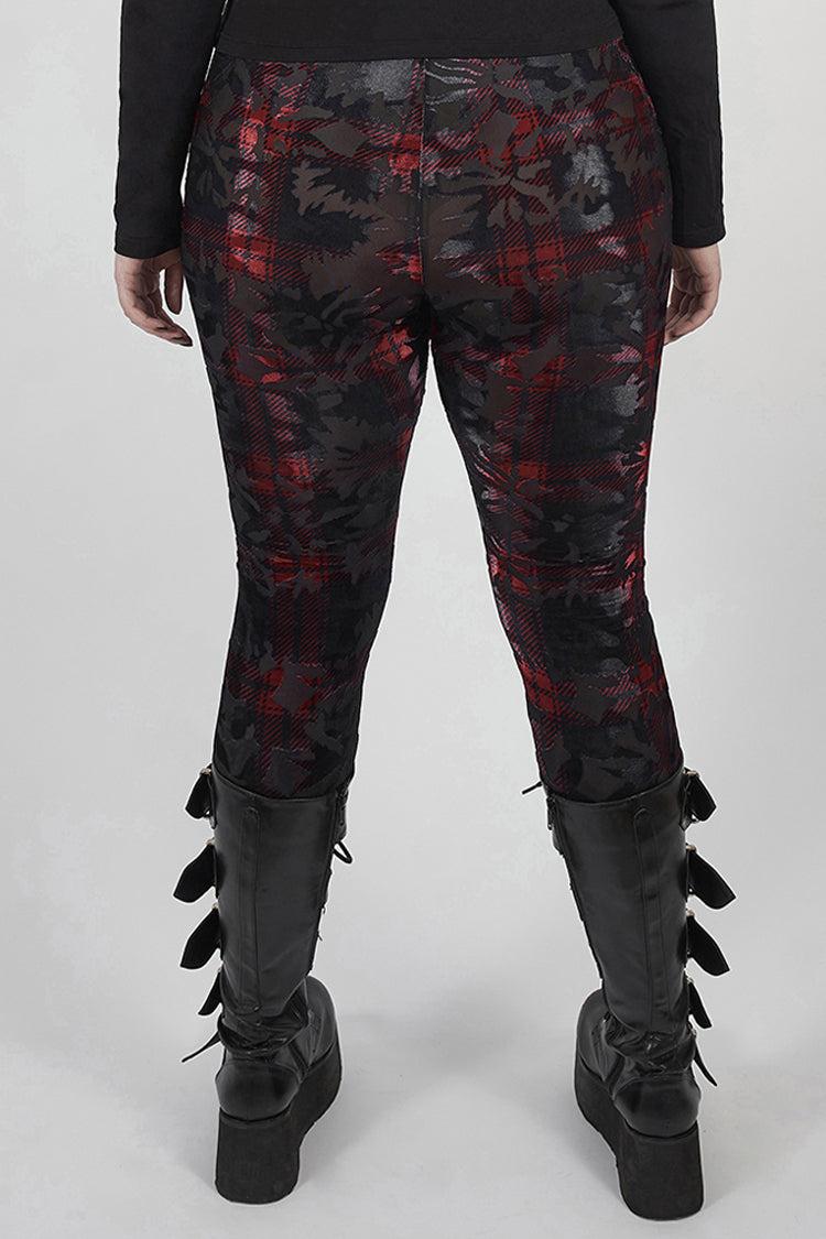 Red Plaid Plus Size Front Splice Imitation Leather Lace-Up Classic Printing Women's Punk Legging - Product - 3