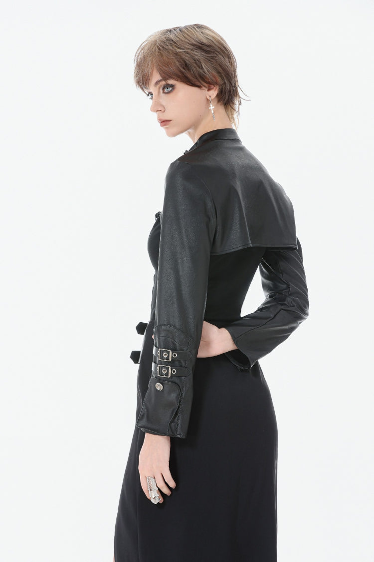 Black PU Leather Long Sleeves Buckled Strap Zippered Women's Punk Shrug - Product - 7