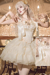 Champagne [Cream Polka Dots] Sleeveless Jacquard Bowknot Slim Sweet Ballet Lolita Skirt Dress - Product - 4