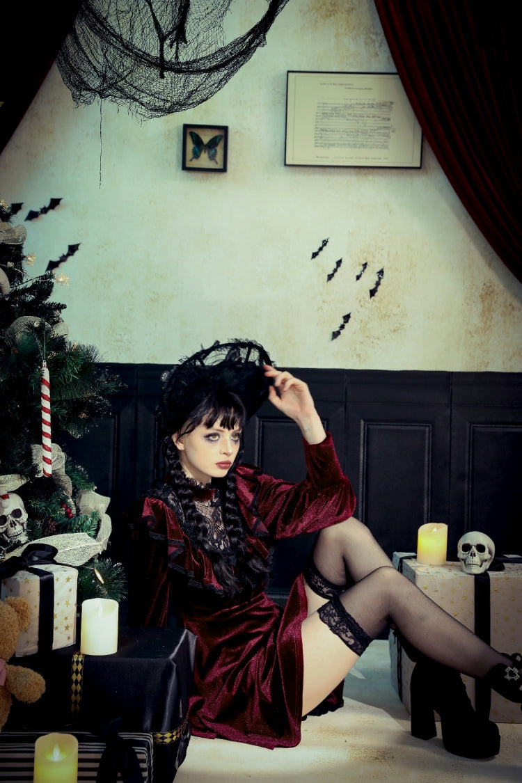 Red Long Sleeves Crochet Velvet Dress Women's Gothic Graduation Dress - Product - 12