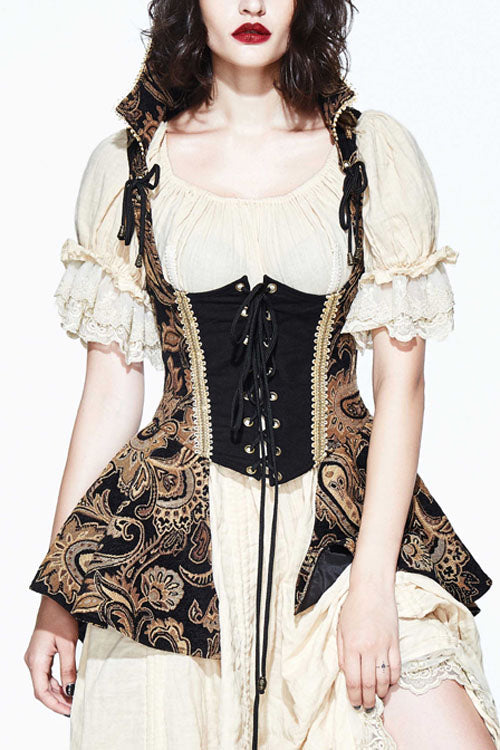 Brown Paisley Print Jacquard Bare Breast Lace Up Gothic Corset - Brown - 1