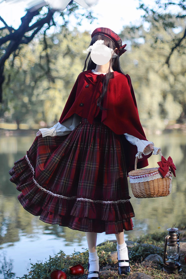 Red [Little Red Riding Hood] Double-Layered Plaid Print Ruffle Bowknot Sweet Vintage Lolita Jumper Dress - Red - 1