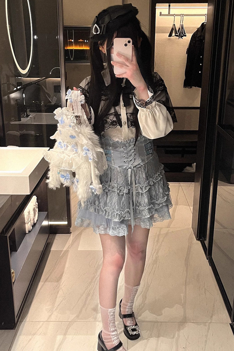 [Rose Palpitations] High Waisted Ruffle Lace Sweet Jirai Kei Skirt 4 Colors - Product - 2