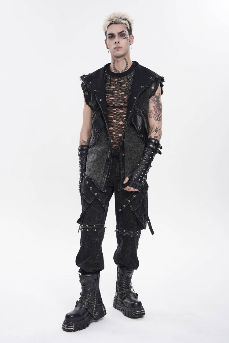 Black Spliced Hooded Buckled Eyelet Men's Punk Cool Vest - Product - 3