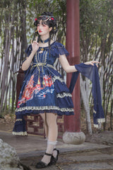 Round Collar Ruffled Short Sleeves Elegant Print High Waist Classic Lolita Dress - Blue - 6
