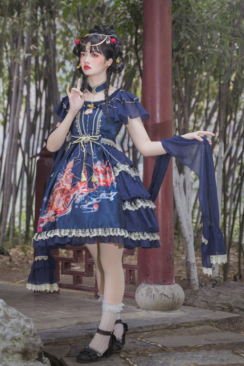 Round Collar Ruffled Short Sleeves Elegant Print High Waist Classic Lolita Dress - Blue - 6