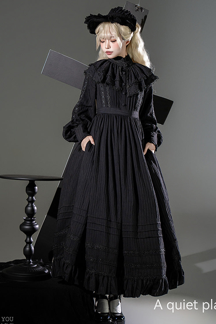 Black [Quiet Place] Long Sleeves Jacquard Ruffle Embroidery Bowknot Gothic Lolita Dress - Product - 5