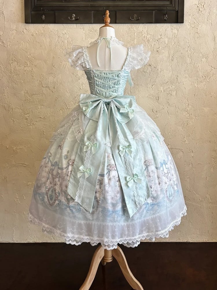 Mint green Lolita gown lace neckline detail