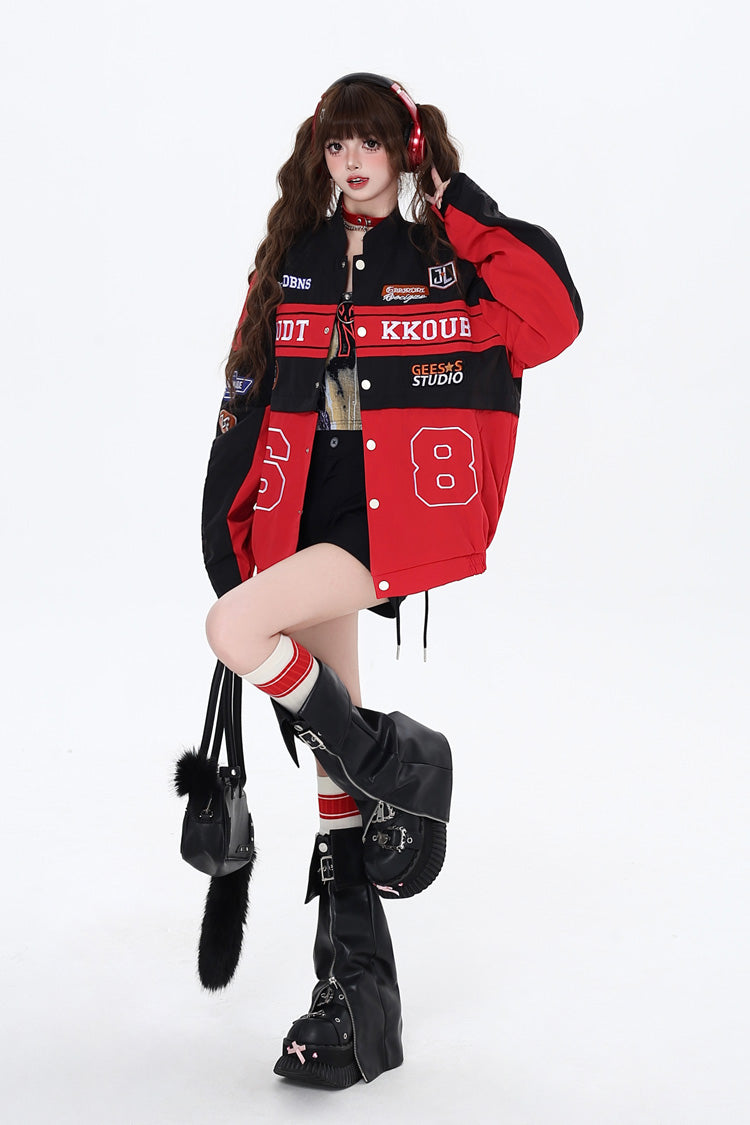 [Biker Girl] Long Sleeves Print Embroidery Zipper Detachable Jirai Kei Coat 3 Colors - Product - 4