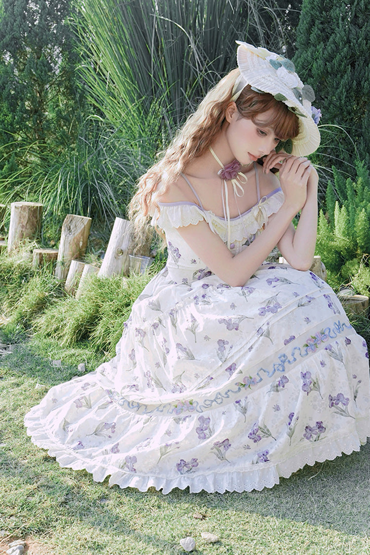 Ivory [Moonlight Iris] Off Shoulder Print Ruffle Embroidery Lace Sweet Lolita Jsk Dress - Product - 4