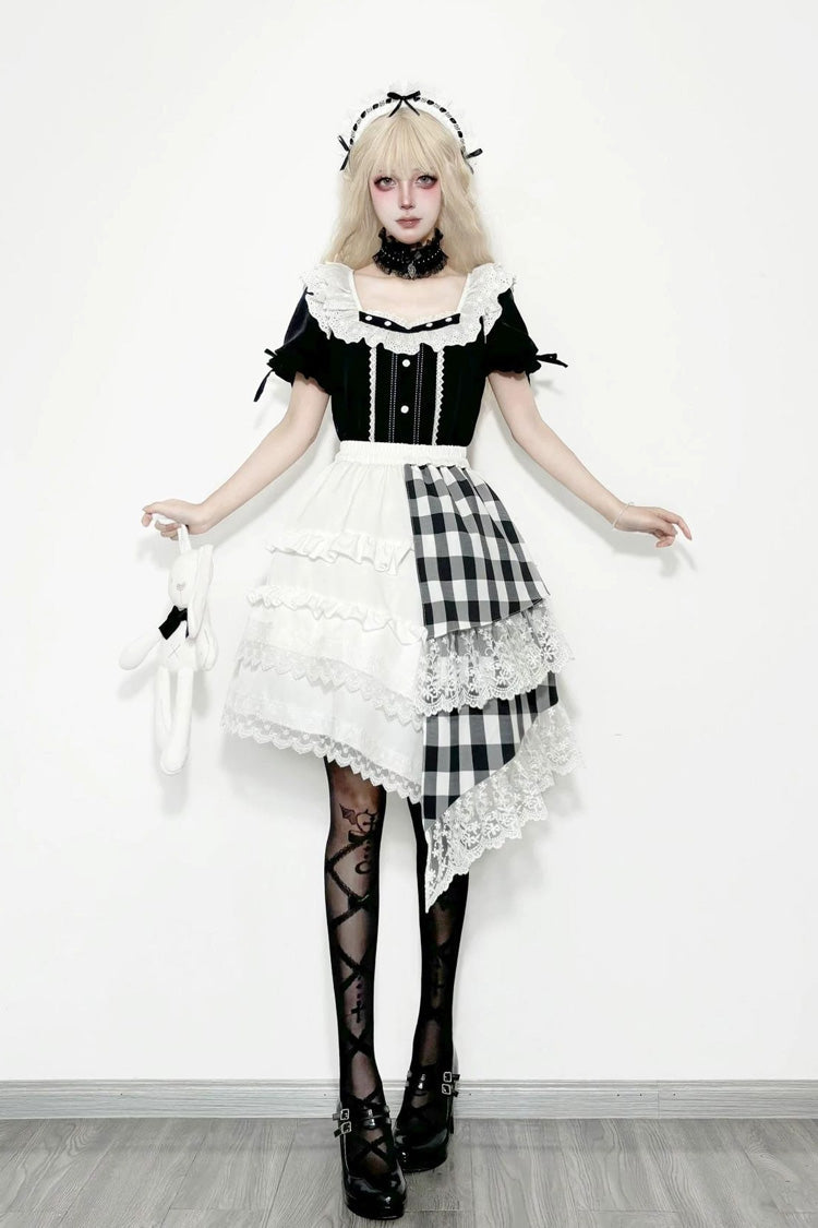 Black/White Short Sleeves Plaid Printed Lace Irregular Asymmetric Gothic Lolita Skirt Set - Product - 7