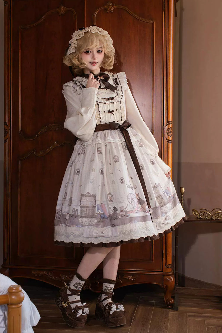 Ivory [Forest Tailor Shop] Square Collar Printed Ruffled Bow Sweet Lolita Jsk Dress - Product - 3