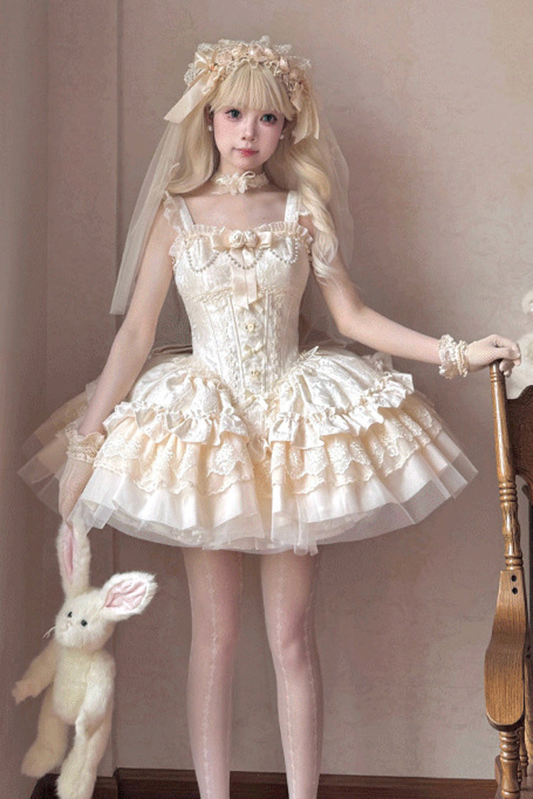 Ivory Sleeveless Multi-Layered Ruffle Bowknot Lace Lace-Up Sweet Princess Lolita Jsk Dress - Product - 2