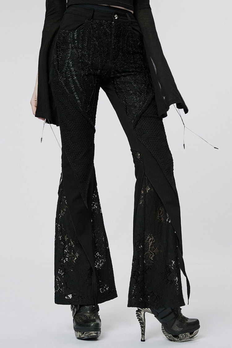 Black Stitching Lace Slim Women's Gothic Flared Pants - Black - 1