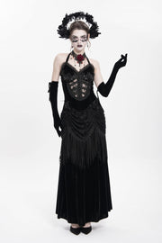 Black Sleeveless Hollow Floral Embroidery Lace-Up Pleated Women's Gothic Maxi Dress - Black - 1