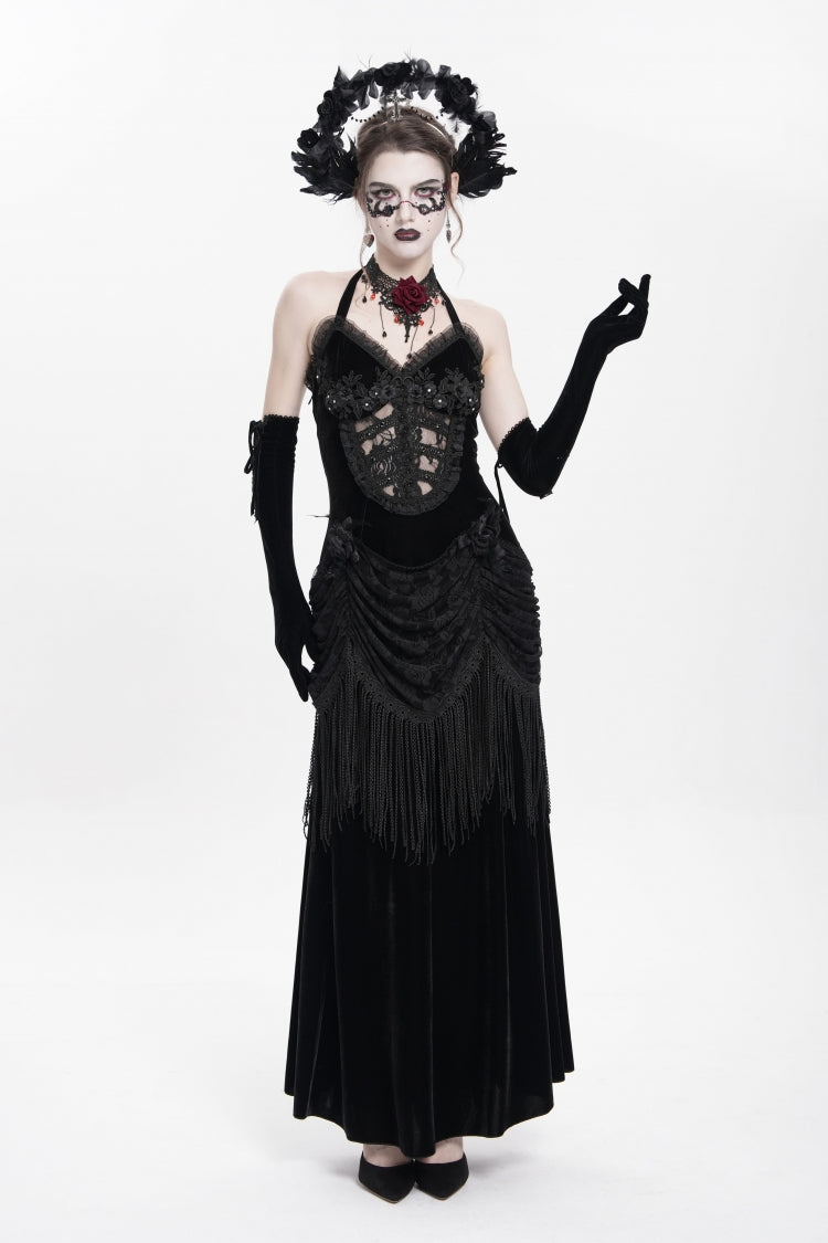 Black Sleeveless Hollow Floral Embroidery Lace-Up Pleated Women's Gothic Maxi Dress - Black - 1