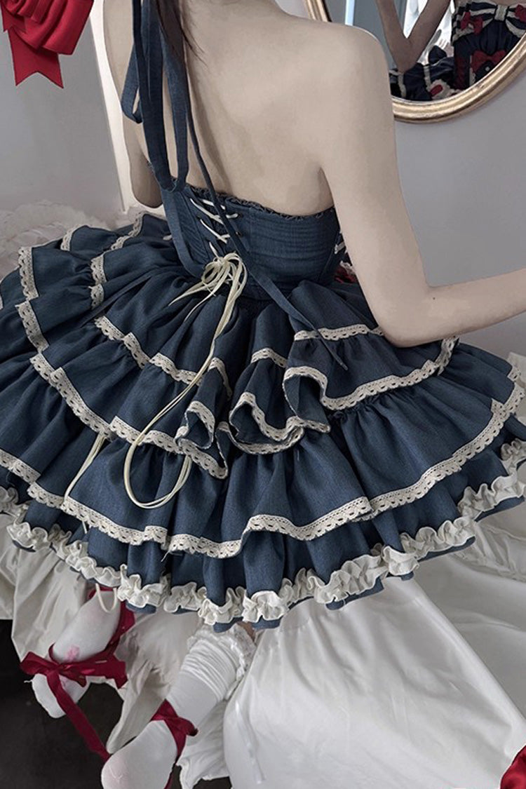 Blue [Milk Rabbit Theater] Halterneck Sleeveless Triple-Layered Ruffle Bowknot Lace-Up Sweet Lolita Jsk Dress - Product - 16