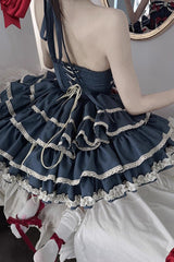 Blue [Milk Rabbit Theater] Halterneck Sleeveless Triple-Layered Ruffle Bowknot Lace-Up Sweet Lolita Jsk Dress - Product - 16