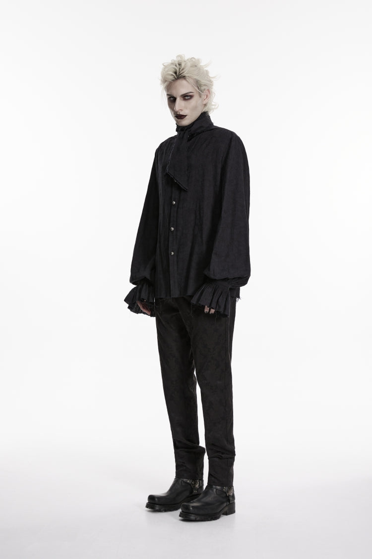 Black Stand Collar Long Puff Sleeves Jacquard Detachable Tie Men's Gorgeous Shirt - Product - 3