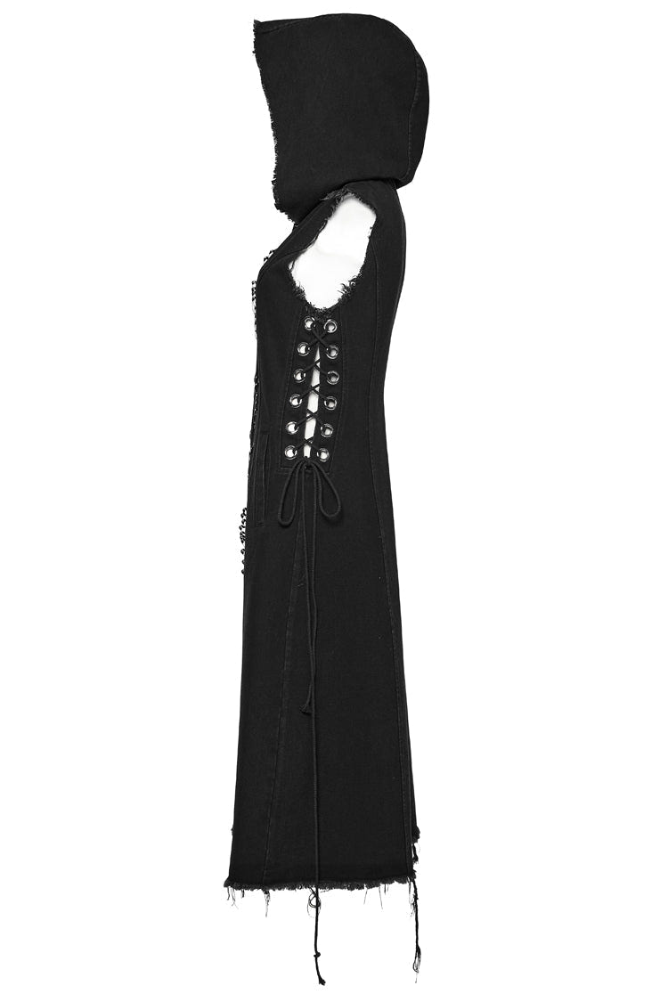 Black Side Drawstring Sleeveless Pin Decoration Hooded Womens Steampunk Long Vest - Product - 7