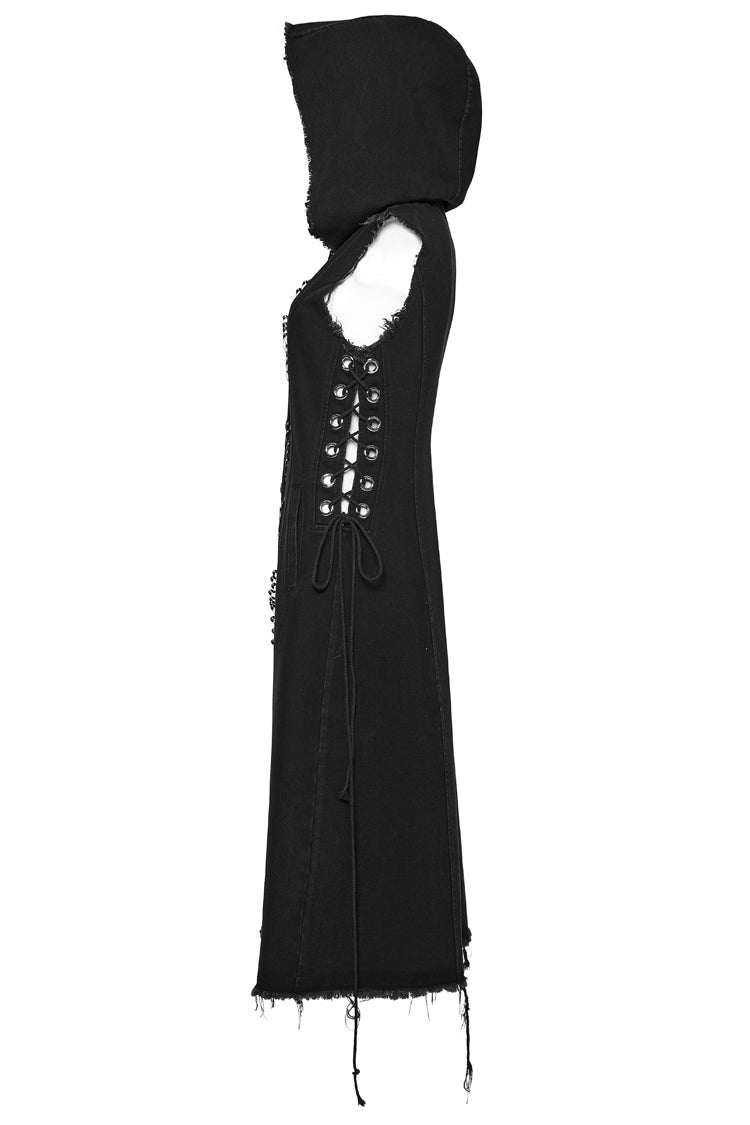 Black Side Drawstring Sleeveless Pin Decoration Hooded Womens Steampunk Long Vest - Product - 7