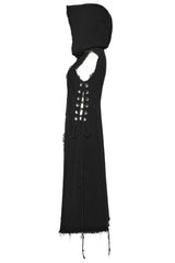 Black Side Drawstring Sleeveless Pin Decoration Hooded Womens Steampunk Long Vest - Product - 7