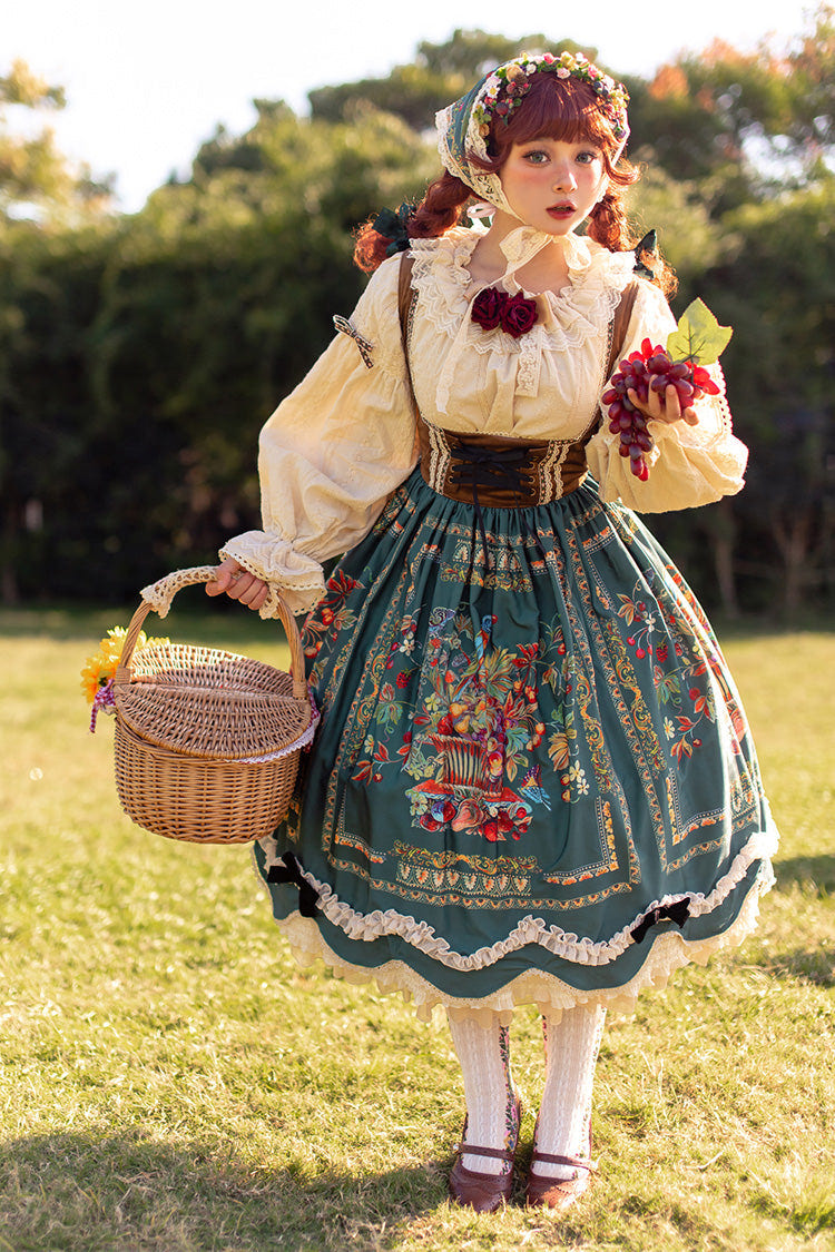 Green [Ode to Plenty] Berries and Birds Print Ruffle Bowknot Velvet Classic Lolita Breast Support Jsk Dress - Product - 7